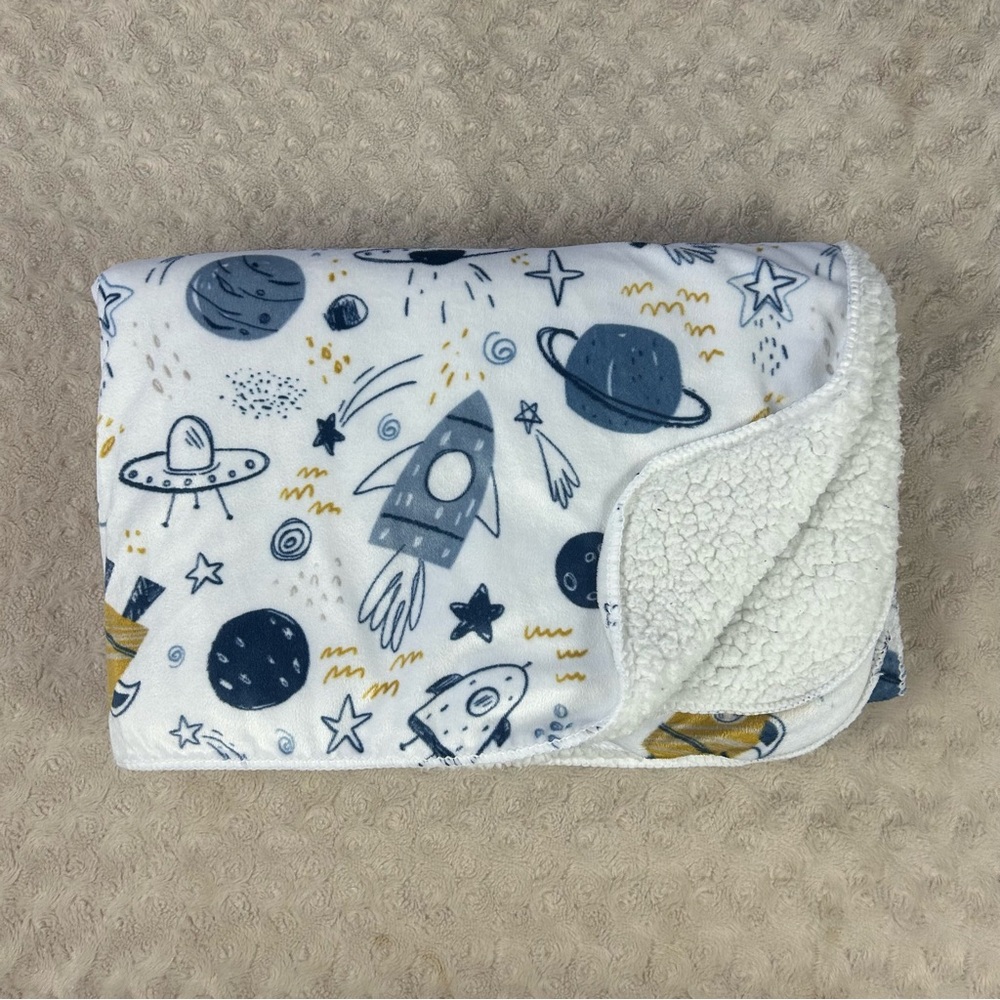SL Home Fashions Blue Rocket Outer Space Ship Baby Blanket White Planets Sherpa
